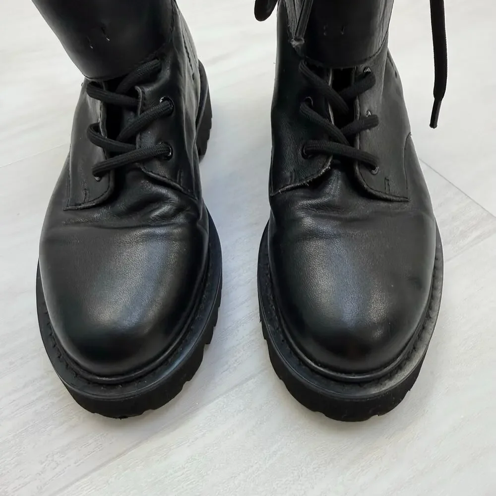 Valentino Black Leather Lace-Up Boots with Gold V-Buckle